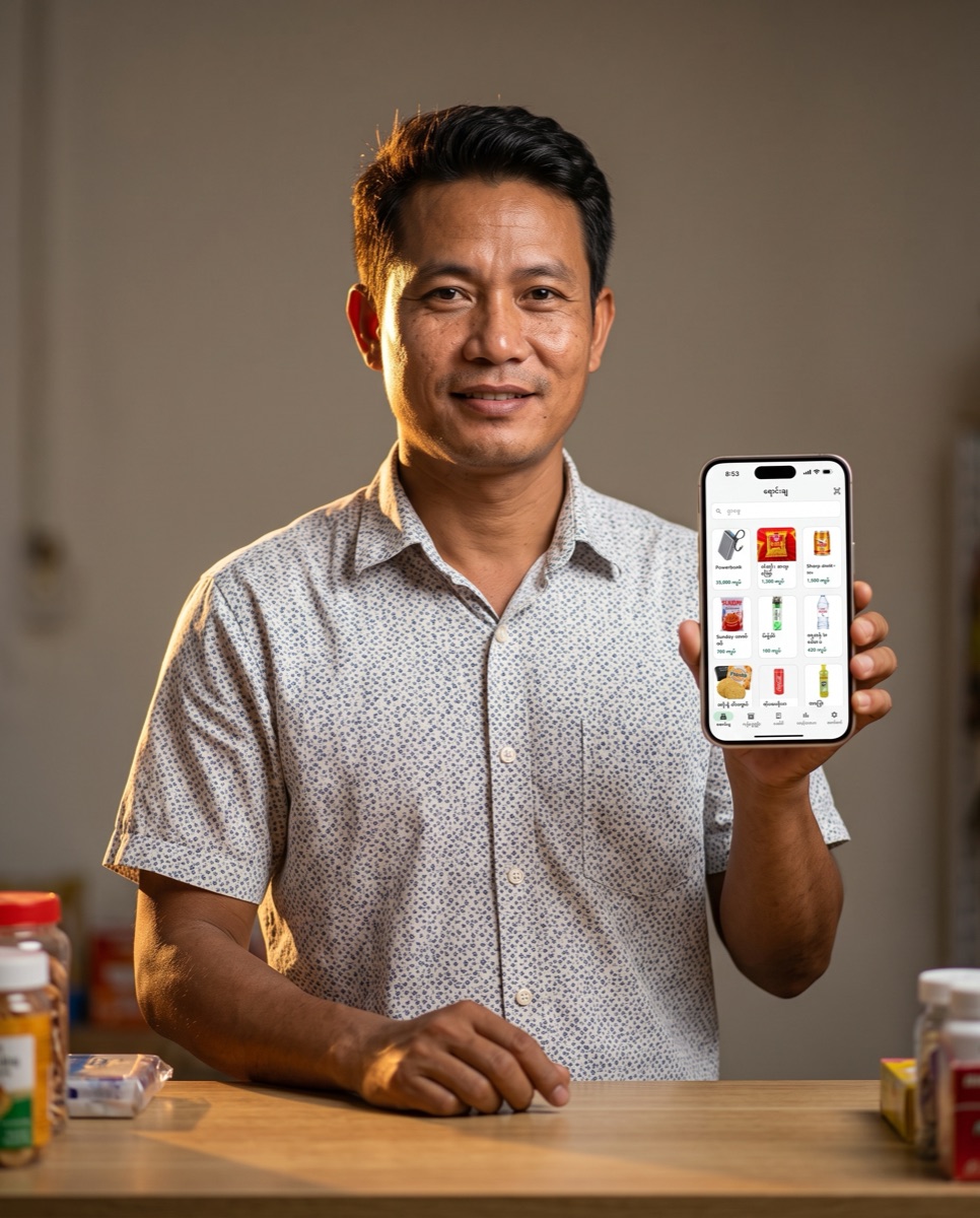 All In One POS ကို အသုံးပြုနေသော ဆိုင်ရှင်တစ်ဦး