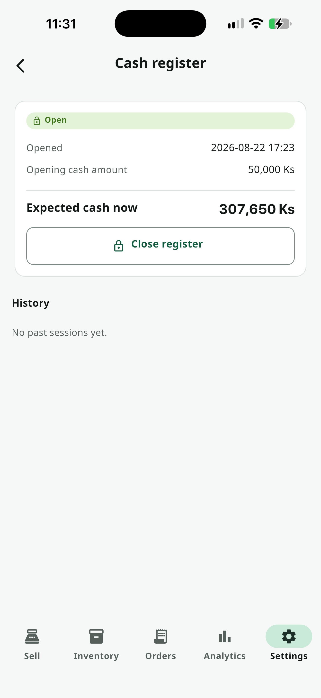 ငွေတိုက် ဖွင့်ထားသော Session — Expected cash ပါသော screen