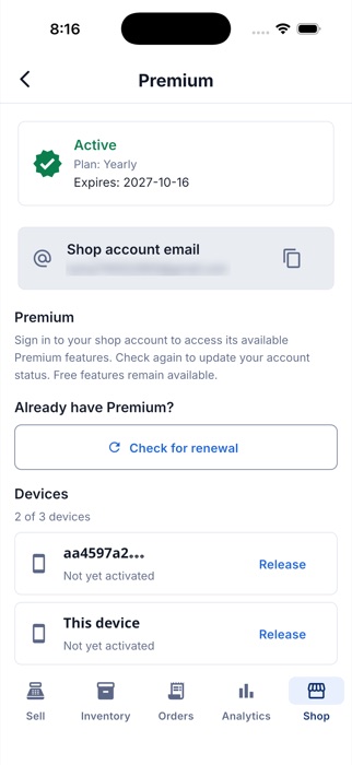Premium screen — status card with plan, expiry date and Devices list