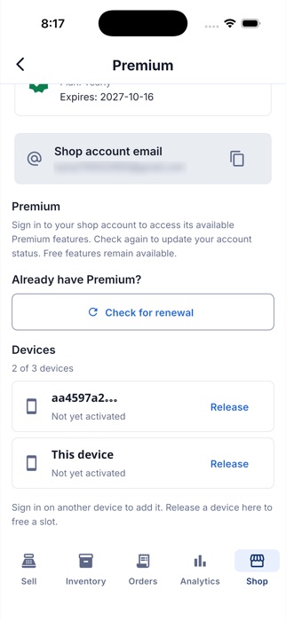 Premium screen — Already have Premium? with the Check for renewal button