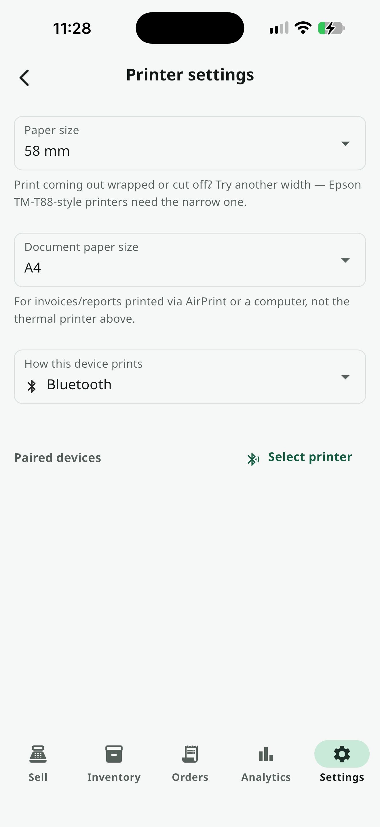 ပရင်တာ ဆက်တင် — Bluetooth Printer ချိတ်ဆက်ထားသည့် screen